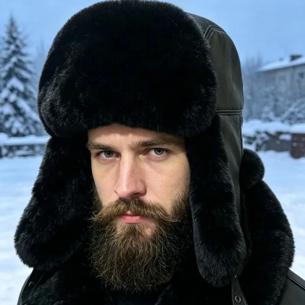 Cappello Ushanka Invernale Caldo da Uomo con Paraorecchie in Vera Pelliccia di Pecora e Pelliccia di Coniglio