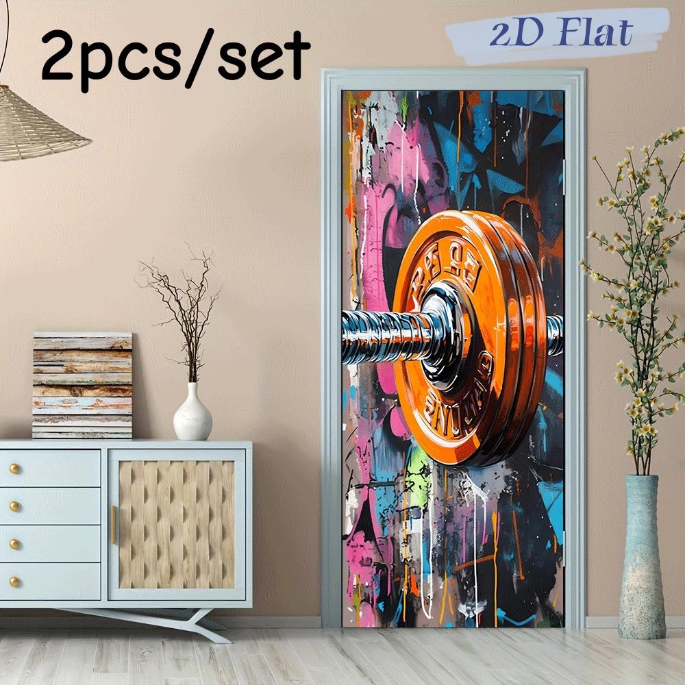2pcs of this creative graffiti style barbell wall sticker is suitable for decorating spaces such as gyms, home exercise areas, a (as the picture,38.5x200cmx2)