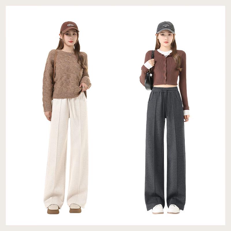 MJ STYLE Women's Herringbone Fleece-Lined Straight-Leg Pants