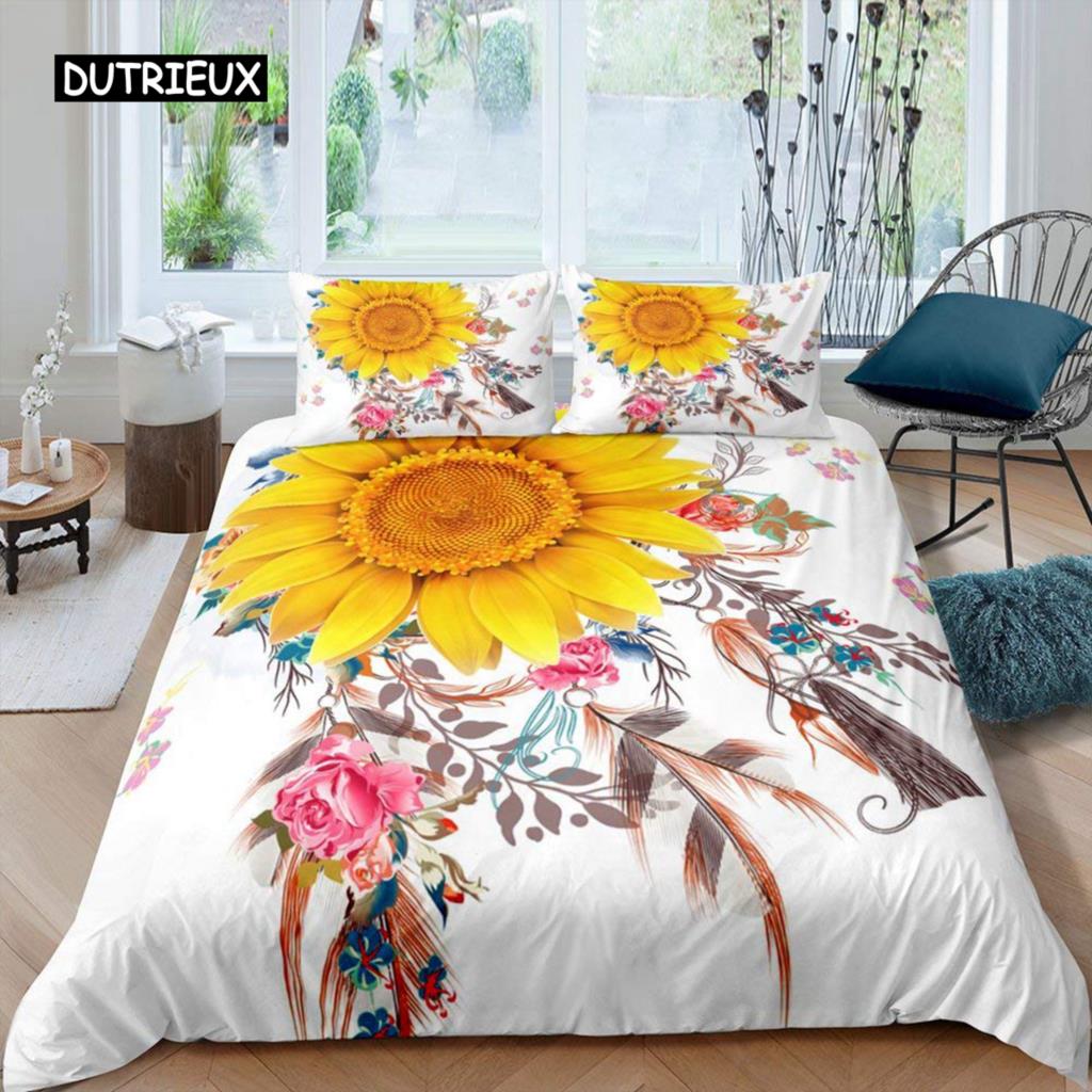 Sunflower Duvet Cover Set Queen Set Milk Cow Comforter Cover Black White Abstract Bedding Set Plant Leaf Polyester Quilt Cover