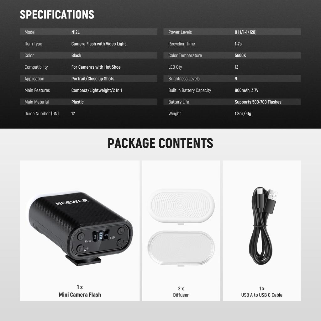 NEEWER BASICS Mini Camera Mini Flash Compact Speedlight Compatible with Fujifilm DSLR Cameras and Digital Hot Shoe 800mAh LED Video Fill Light with