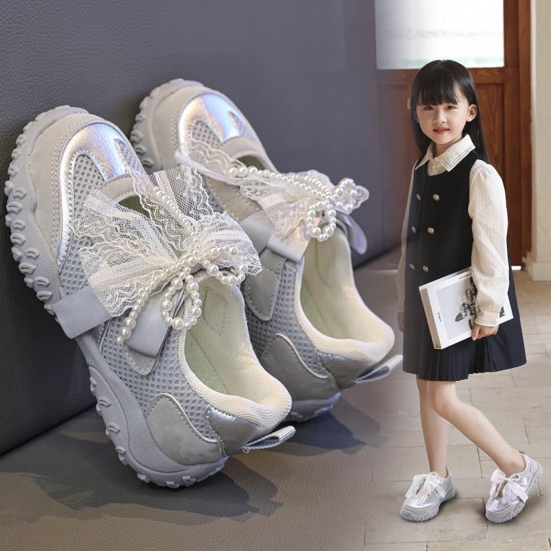 Lightweight Non-Slip Back To School Children Running Sandals Summer Kids Sport Sneakers for Girl Pearl Lace Mary Jane Flats