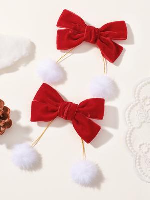 2pcs Girls  Lovely Red Velvet Bows Hair Ball Hair Clip Chinese New Year Cute Double Ponytail Clip Handmade Hair Accessories