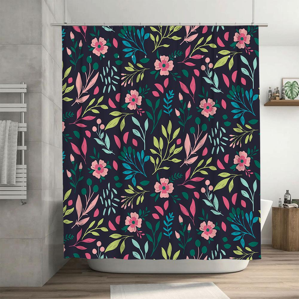 Floral Shower Curtain Set Multicolor Flower Bath Decor for Home Decoration Dark Blue Color with Pink Flowers Print on Fabric 72