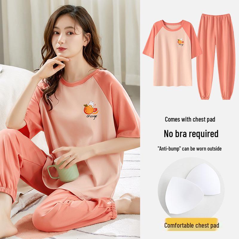 Damski kreskówkowy komplet piżamy z krótkim rękawem i wkładkami na biust - Letni bawełniany długi komplet domowy 2025