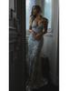 2025 European & American Women's Spaghetti Strap V-Neck Sequin Lace-up Evening Gown