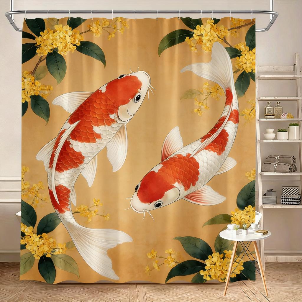 Luxury Golden Koi Fish with Cherry Blossoms Waterproof Shower Curtain for Feng Shui Bathroom Decor