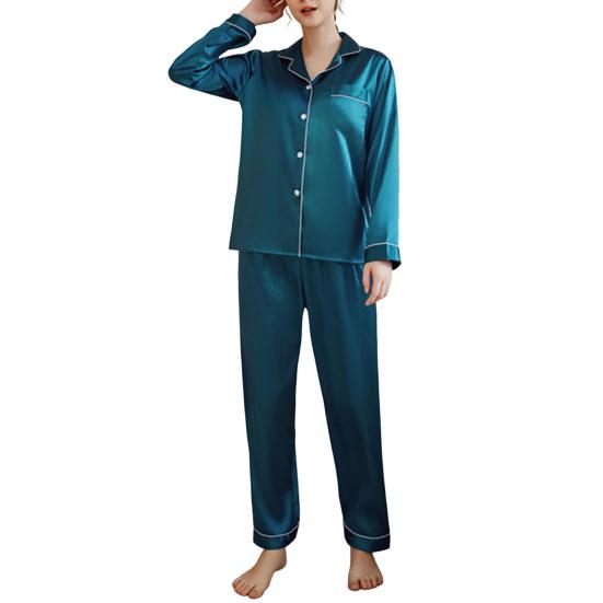 Yousheng 2 Pcs/Set Pajamas Suit Satin Single-breasted Cardigan Shirt V Neck Notch Collar Solid Color Shirt Wide Leg Loose Trousers Nighty Suit