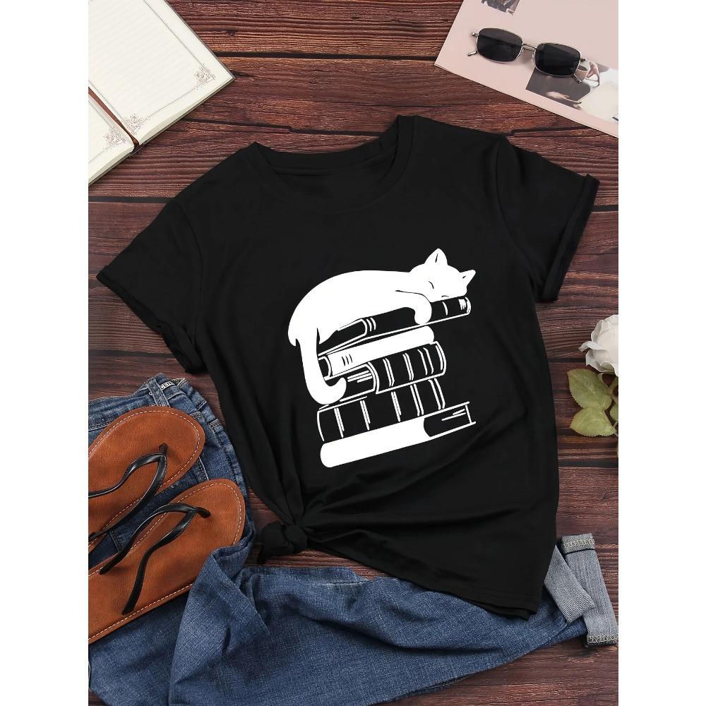 

Women s Casual Sports T-shirt Top, Plus Size Books Cat Print Stretchy Round Neck Breathable Fabric Short Sleeve Fitness Tee Top M