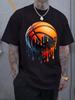 Men's Graphic T-Shirt - Stretchy Crew Neck Tee with Melting Basketball Design, Streetwear Shirt for Basketball Fans