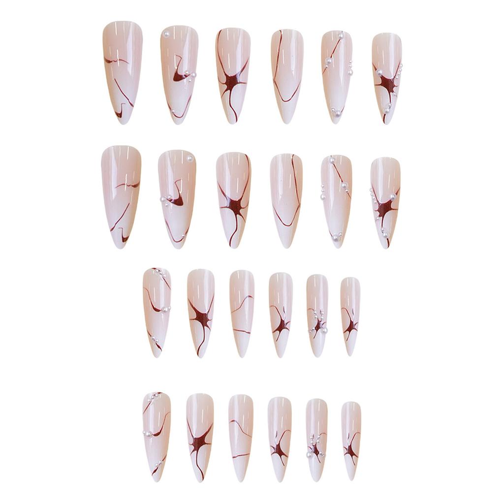 Pink White Long Fake Nails with Line Print Durable & Never Splitting Comfort Fake Nails for Working Dating or Partying