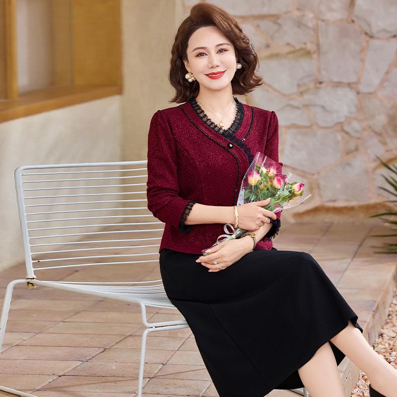 

Fashionable Spring Two-Piece Dress for Middle-Aged Women – Slimming Long-Sleeved Skirt 5XL (suggested for 145-160 jin) червоний
