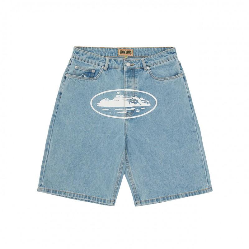 Pantaloncini in denim Corteiz Alcatraz da uomo con stella ricamata, lavaggio vintage, taglio dritto, casual, vita media