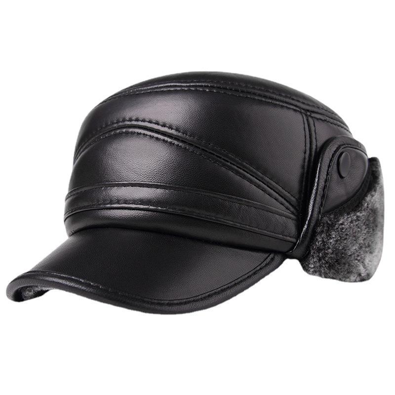 Winter Men's Leather Hat Thicken Leather Sheepskin Baseball Caps With Ears Warm Snapback Dad's Hats Sombrero De Cuero Del Hombre