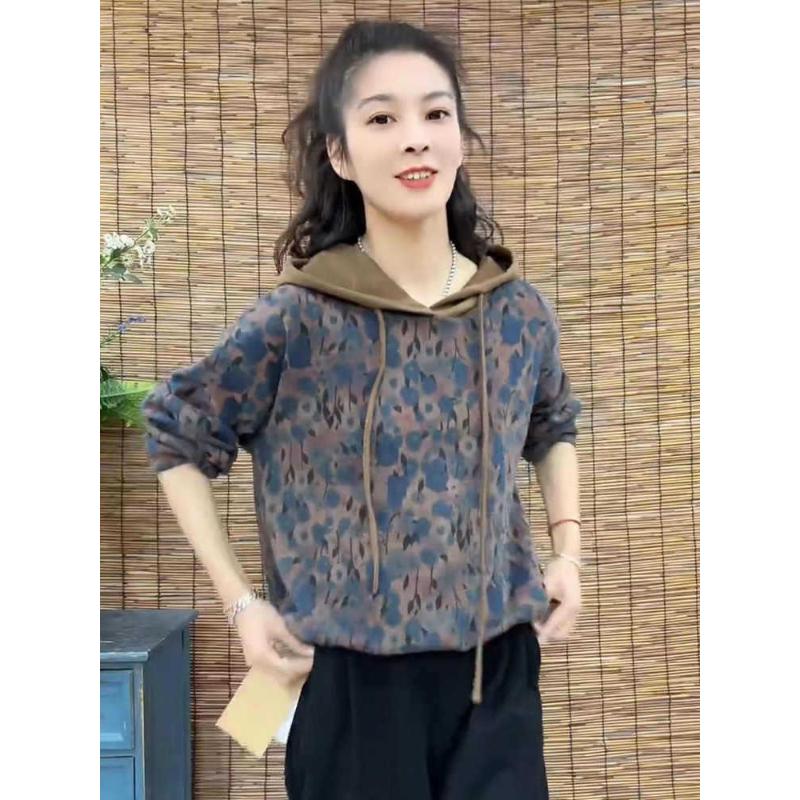 Women's Spring Autumn New Style Retro Fashion Casual Printed Hooded Sweatshirt Loose Slim Fit Stylish Base Layer Top