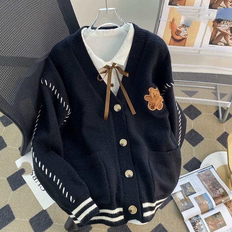 

Korean Contrasting Bear Sweater Women s Coat Autumn and Winter New Rope Lazy Pocket Knitted Cardigan Custom Style one size чорний