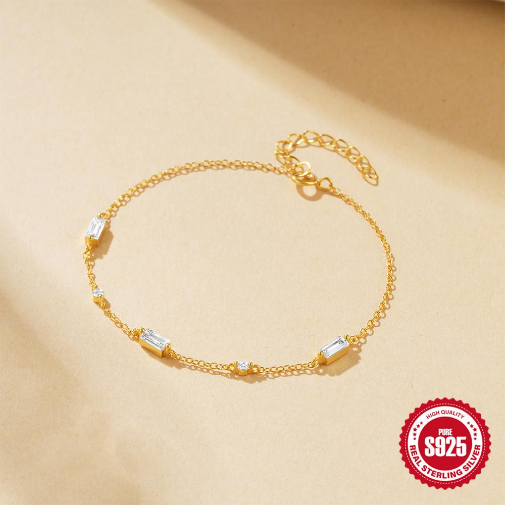 Stylish And Simple S925 Sterling Silver Square Diamond-Set Stacked Daily Matching Women'S Bracelet