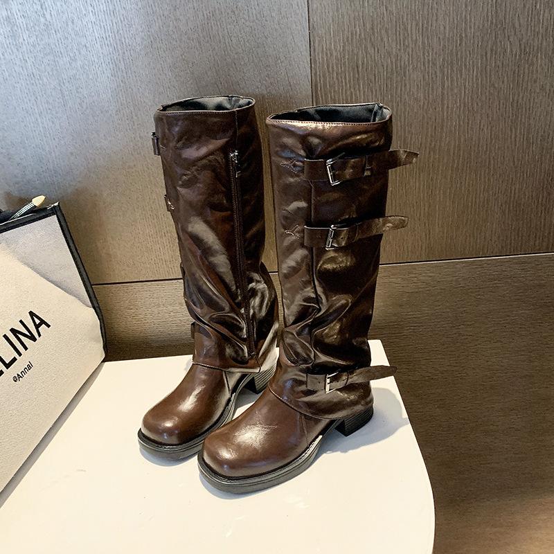 Thick-soled thick-heeled belt buckle pleated medium boots women's 2025 autumn new trousers Martin boots Western cowboy short boots