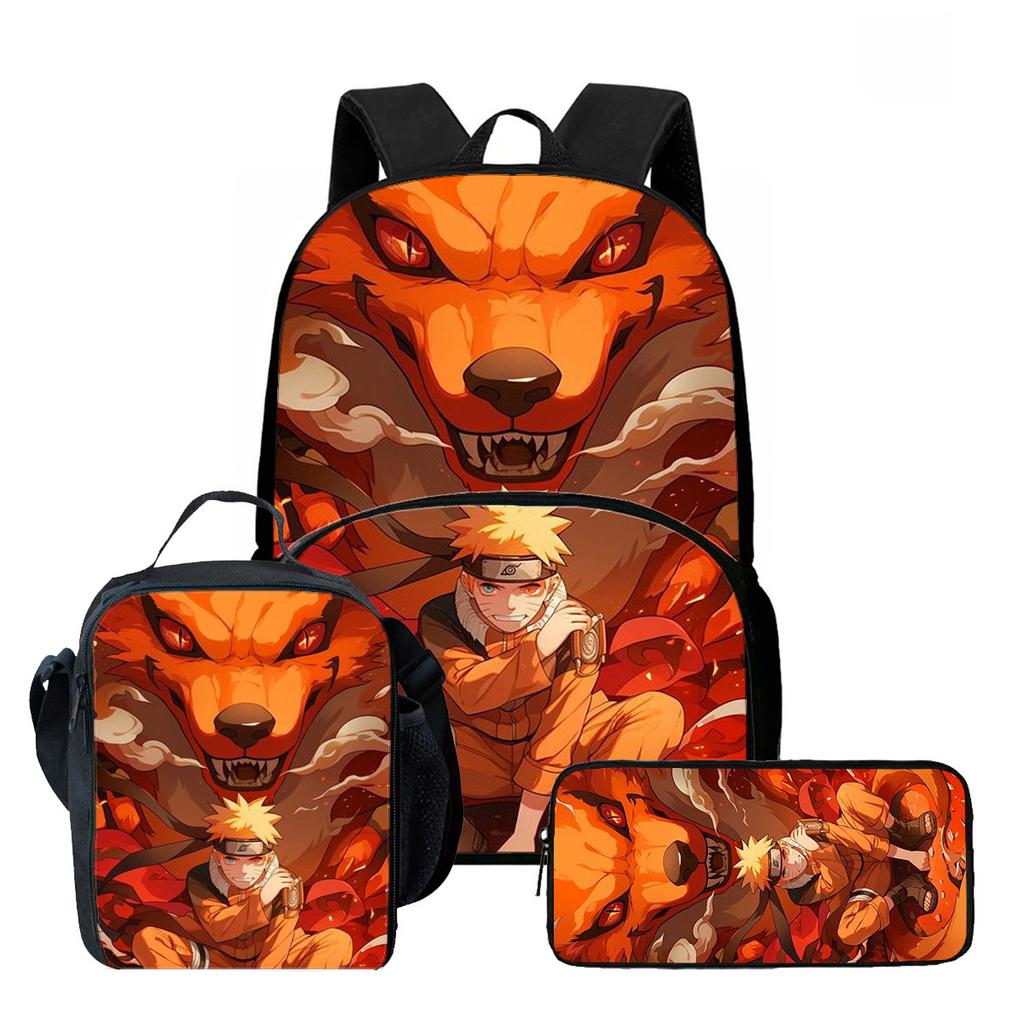 NARUTO Cartoon 3Pcs School Kit Durable Lightweight Backpack Front Pocket Lunch Bag Pencil Pouch For Kids Boys Girls Age 5-10