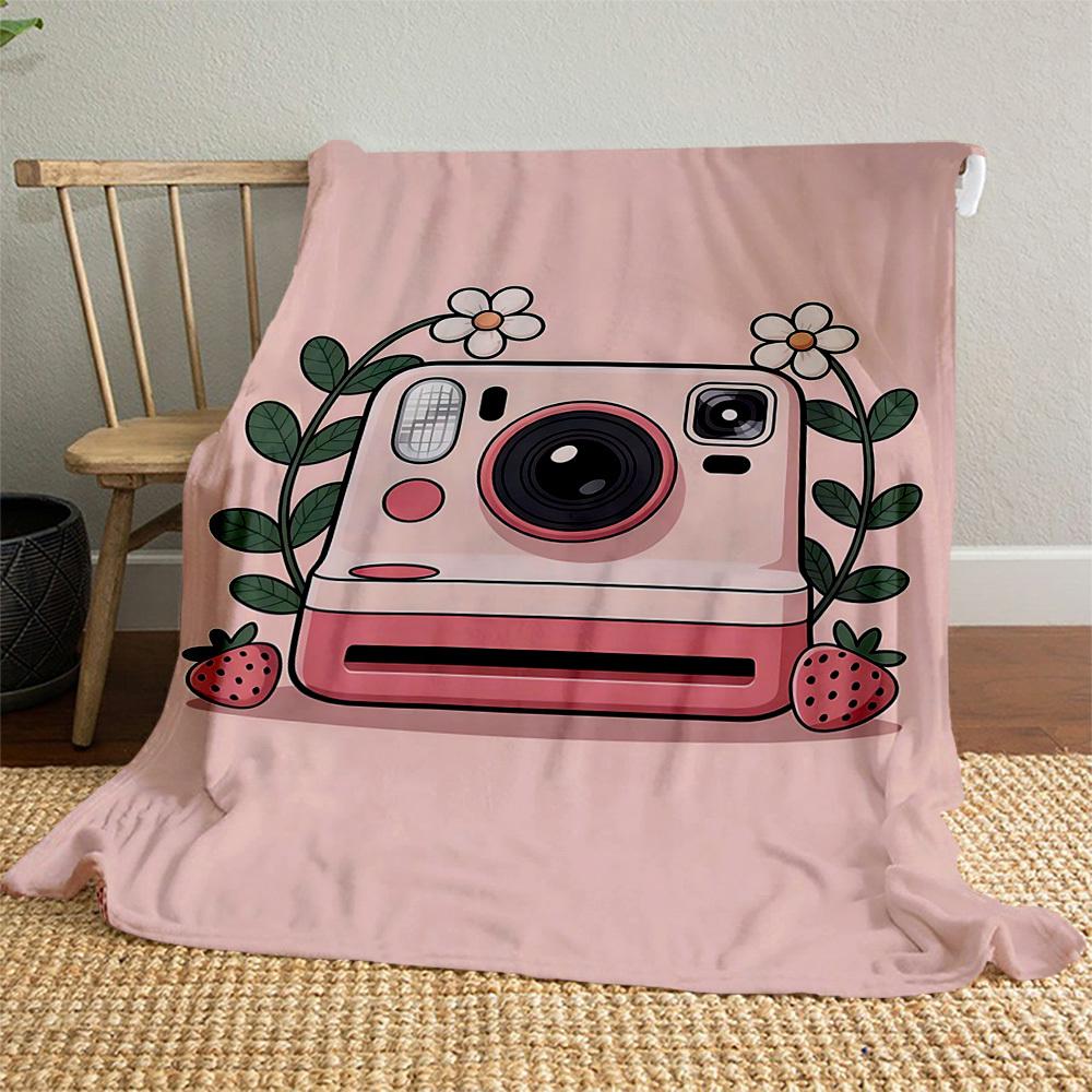 1pc Camera Strawberry Outdoor Flannel Blanket Soft Warm All-Season Throw for Sofa Bed Car Camping Office, Cozy Gift Idea1197S