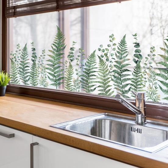 Adesivo de Janela Folha de Samambaia Verde Folhas de Pteridófita Plantas Estático PVC Adesivo de Janela Reutilizável Impermeável Decalques para Decoração de Janela de Porta de Sala de Casa