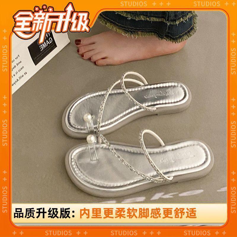 Flat bottom silver toe slippers women's summer wear 2025 new summer ins tide rhinestone pearl fashion sandals women