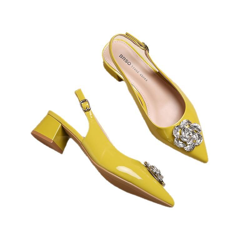 Rhinestone Bag Head Sandals Women's Summer One-pedal Pointed Fashion Shoes Flower Temperament Heels OL Women's Shoes Tide