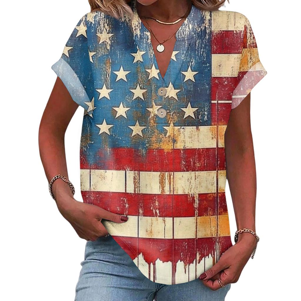 Women's Casual Fashion V-Neck Button Independence Day Print Short Sleeve Top