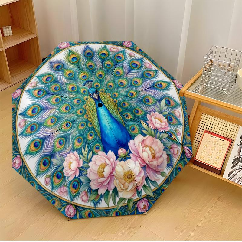 Peacock and Golden Bird Among Flowers Printed umbrella windproof folding umbrella portable sun and rain umbrella suitable for gifting