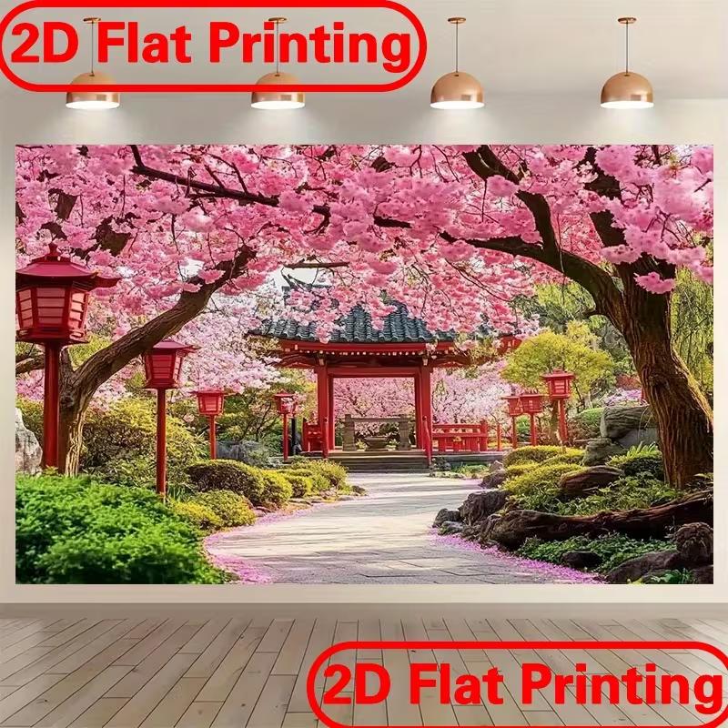 2D Japanese Cherry Blossom Shrine Backdrop Sakura Garden Background