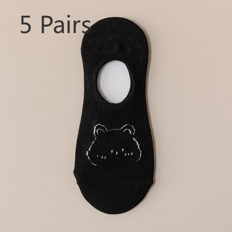 5 Paar Damen Anti-Rutsch und Nicht-Abfallende Bootssocken, Sommer Dünn und Trendy Flach Anti-Rutsch Silikon Cartoon Bär Unsichtbare Socken