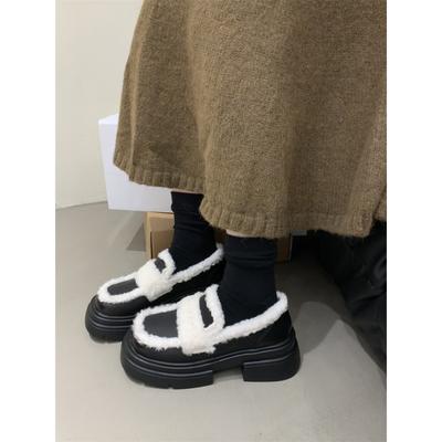 Retro Square Toe Mary Janes Winter Cotton Shoes Women Warm Plush Low Heels Loafers Belt Buckle Wool Moccasins Woman Flats