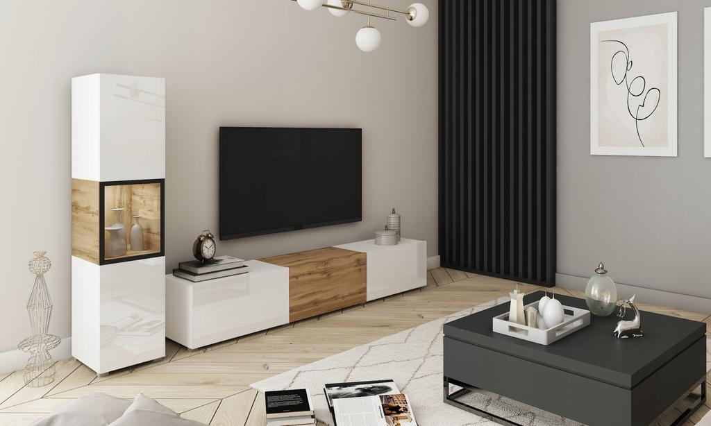 Moderne wandmeubel, 180 cm TV-meubel met een vitrinekast, woonkamermeubels met LED