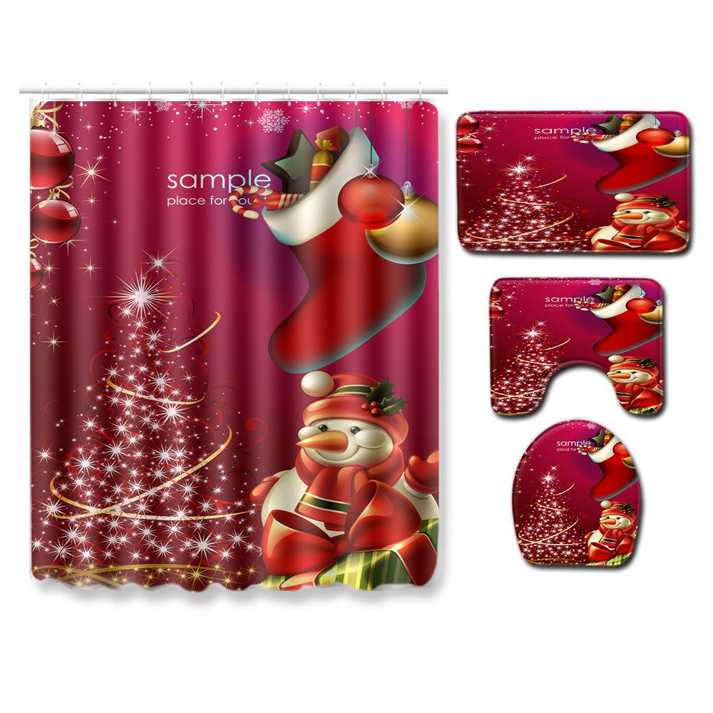 Christmas Shower Curtain Floor Mat Combination Four-Piece Set Bathroom Toilet Carpet Shower Room Mat Foot Mat