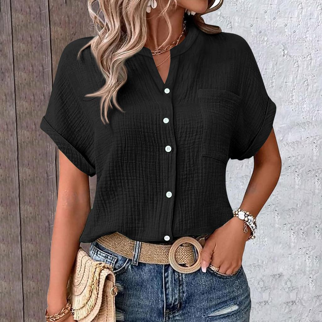 Women's Color Shirt Casual Short Sleeved Button Up Shirt For Women