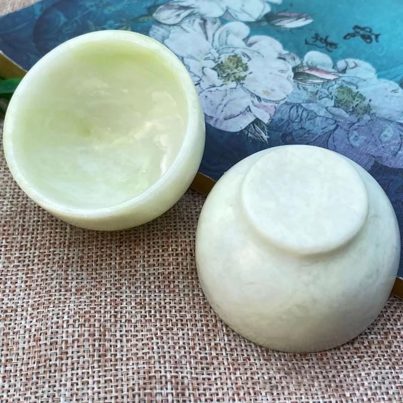 1pc Natural Jade Bowl Jadeite Stone Cup White Marble Small Wine Glass Hibiscus Stone Small Ornaments Home Decoration Gift