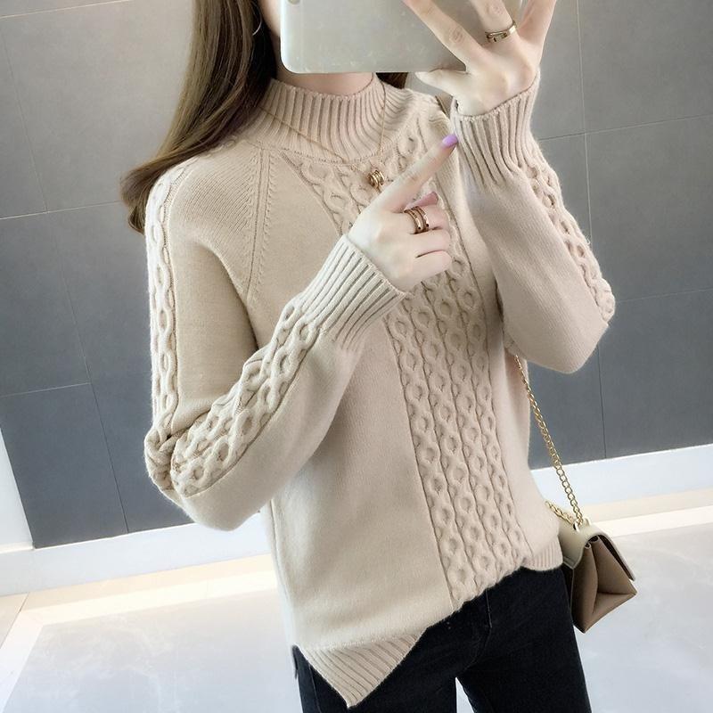 Women's Semi High Neck Sweater Loose Mid Neck for Autumn and Winter Stylish and Thick Sweater