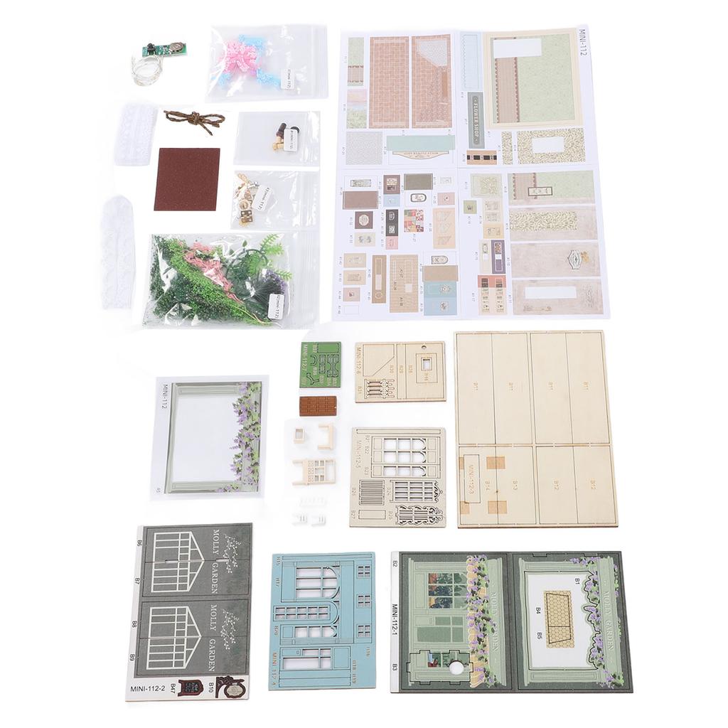 DIY Mini House Kit Wood Paper Openable and Closable Tiny Garden House Building Set with Strip Light