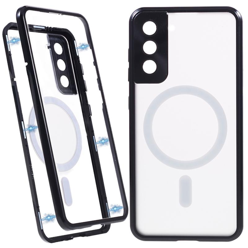 

For Samsung Galaxy S21+ 5G Magnetic Phone Case Metal Frame Tempered Glass Back Frosted PC Double-sided Protection Cover Black