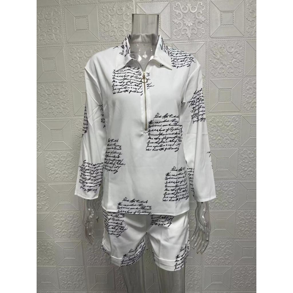 Women's sets summer long-sleeved lapel printed zipper shirt shorts clothes sale