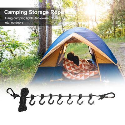 Camping Clothesline Non-slip Outdoor Clothespins Portable Travel Windproof Adjustable with 7 Hooks for Home Picnic Hiking