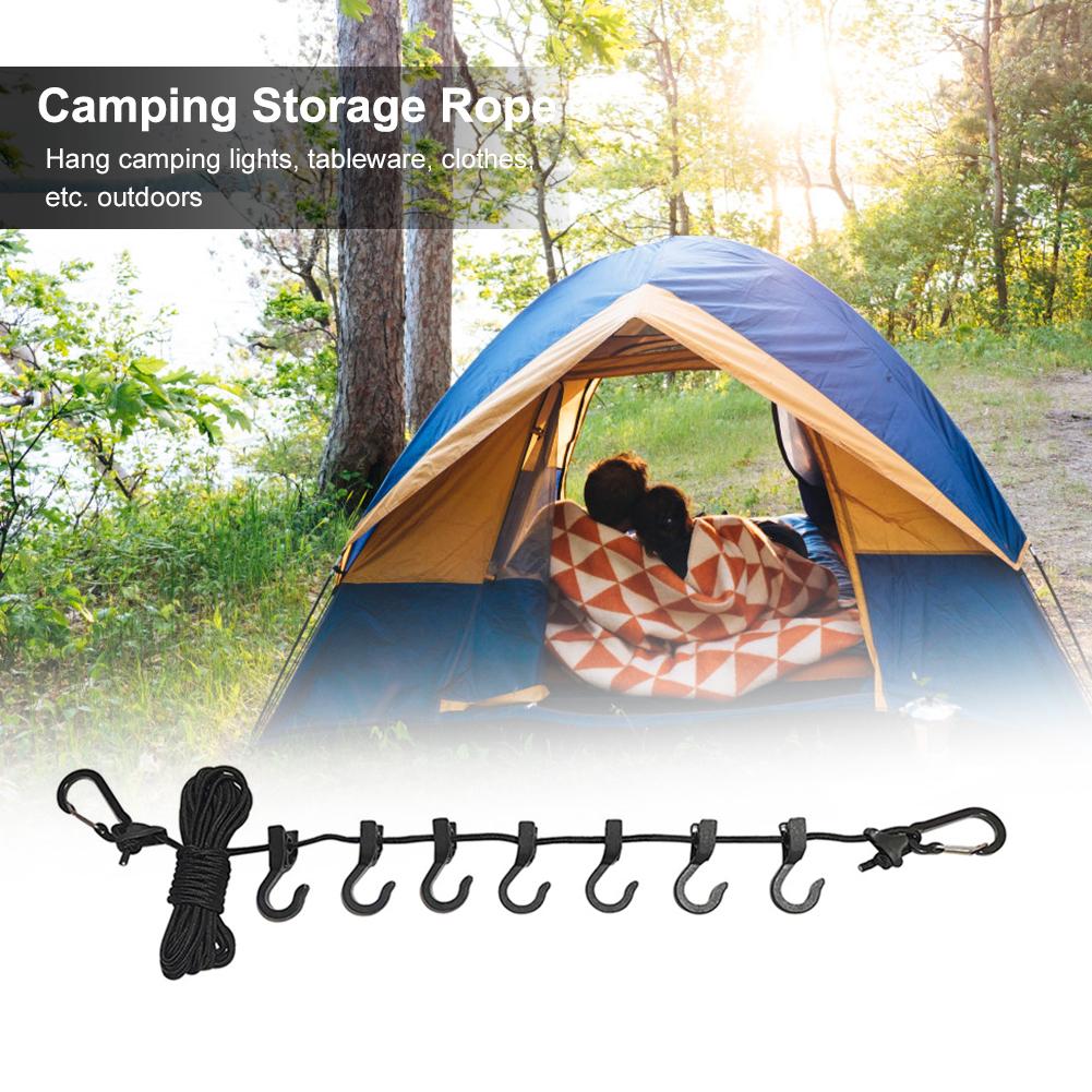 Camping Clothesline Non-slip Outdoor Clothespins Portable Travel Windproof Adjustable with 7 Hooks for Home Picnic Hiking