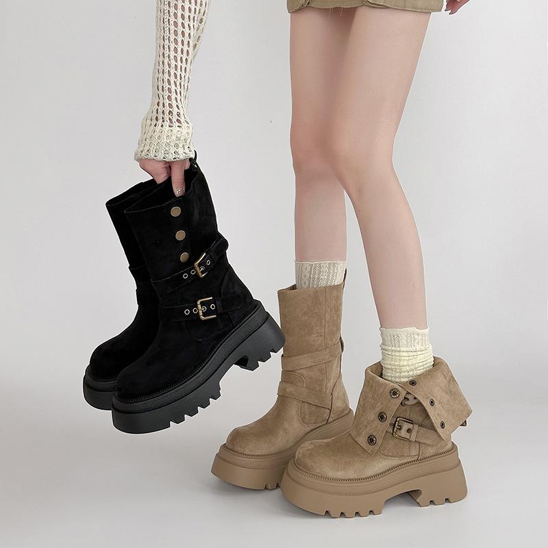 Vintage Maillard Boots Women's Autumn and Winter Design Sense Thick-soled Versatile Two Wear Belt Buckle Medium Boots Martin Boots Short Boots