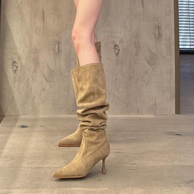 Fashion Non-Knee Thigh Boots Women's Pointed Toe Suede Slip-on Anti-Slip Wear-Resistant Stiletto Heel High Boots