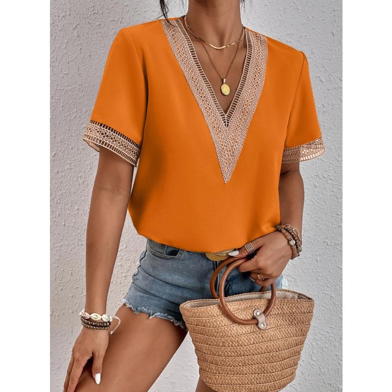 2Wish Women's Collar Lace Loose Top Commuter Short Sleeve Shirt Women's Style