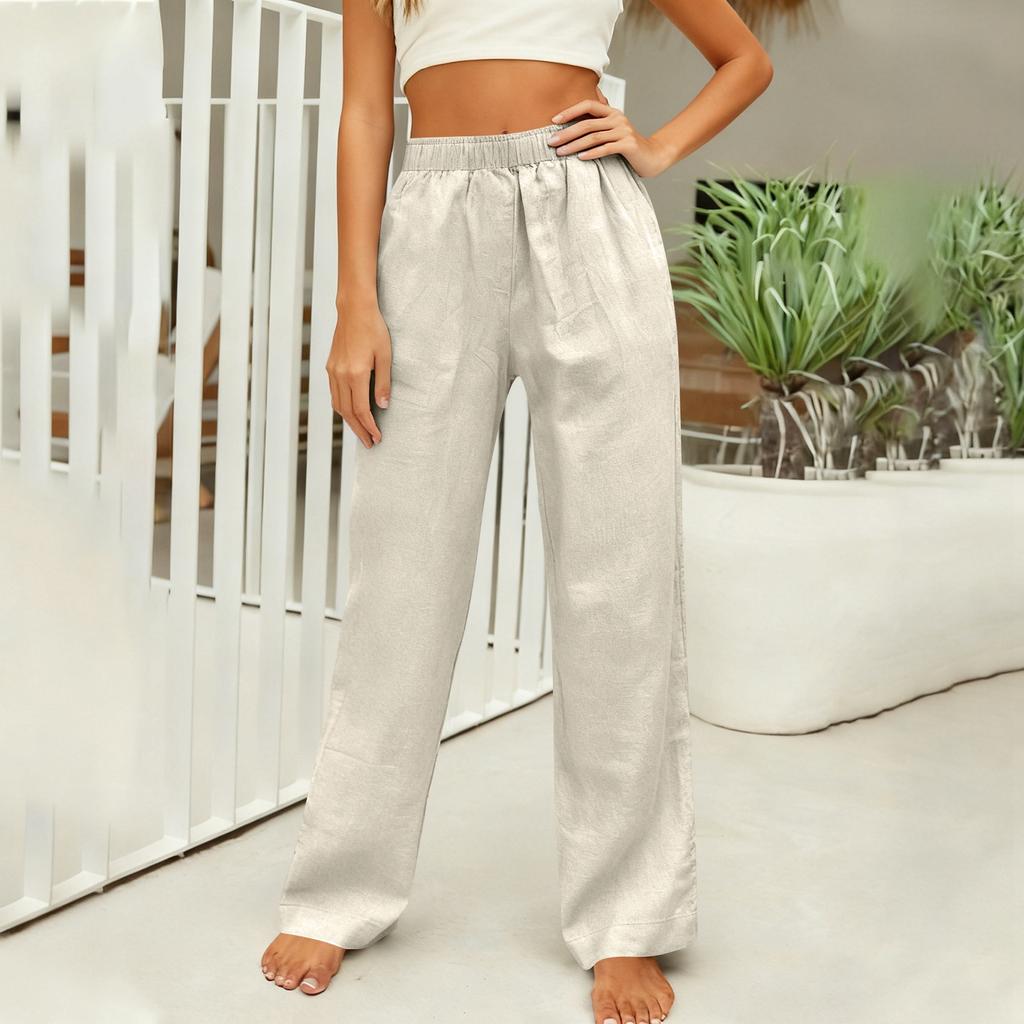 Pantaloni Casual da Donna alla Moda, Colorati, Vita Elastica, Cotone e Lino, Gamba Dritta Larga