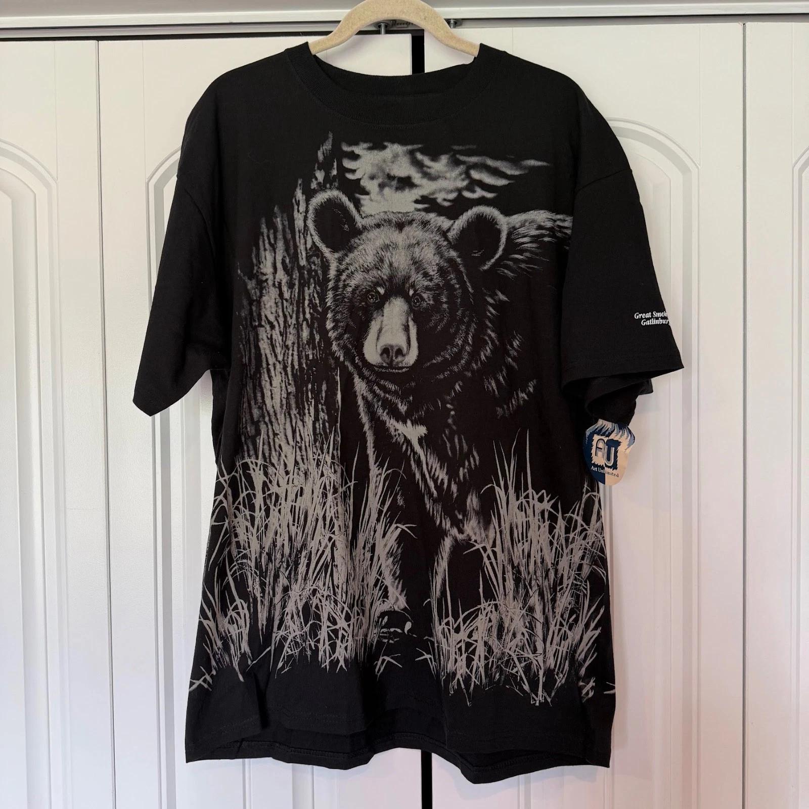 New VTG Black & White Black Bear AOP Graphic T-Shirt 90s Y2K Art Unlimited L 2XL