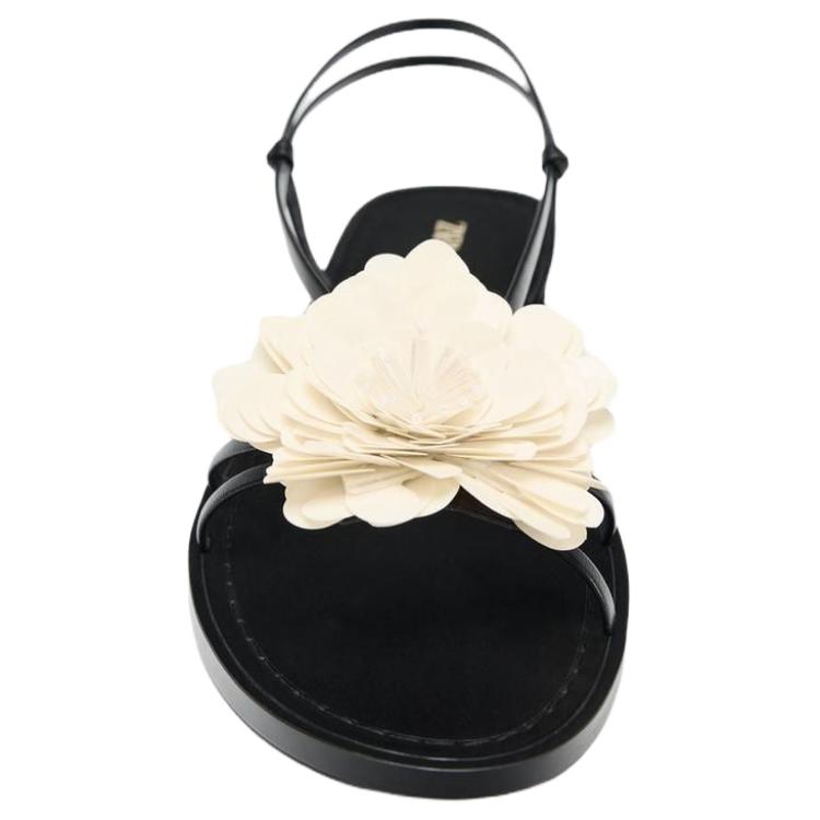 Zara Pu Vintage Open-Toe Floral Decor Flat One-Strap Sandals 1.5Cm Women Sandals Black 2604510800