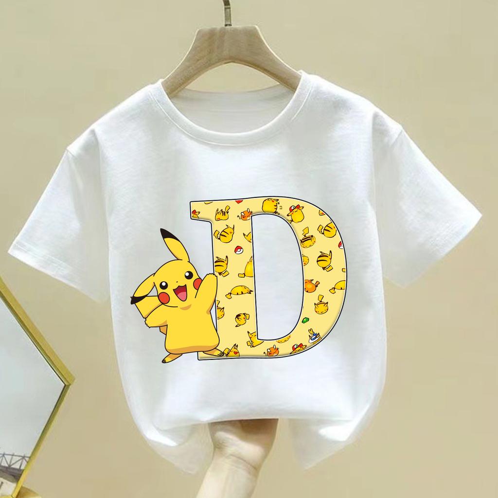 Pokemon Pikachu T-shirt Children A-Z Letter White Clothes Round Collar Clothing Kids Short Sleeve Cartoon Partern Summer Tee Top