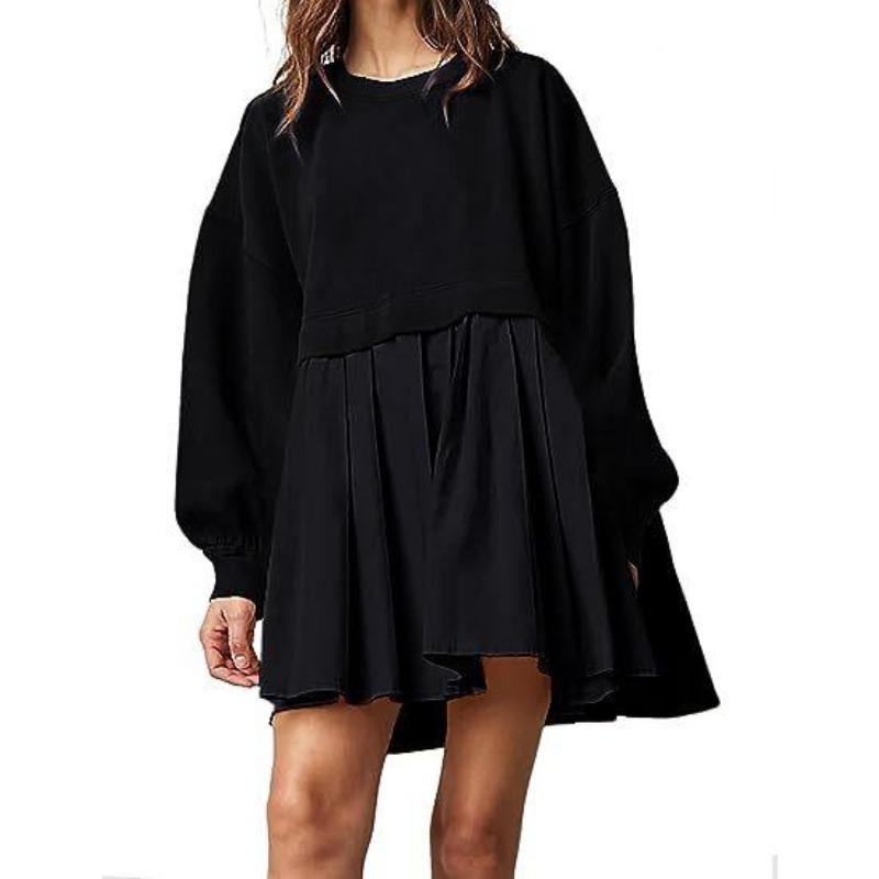 

Модное свободное женское плиссированное платье, новое короткое платье А-силуэта с длинным рукавом и круглым вырезом, элегантное осеннее платье больших размеров с сплошным цветным узором для женщин 1765 XXL чёрный